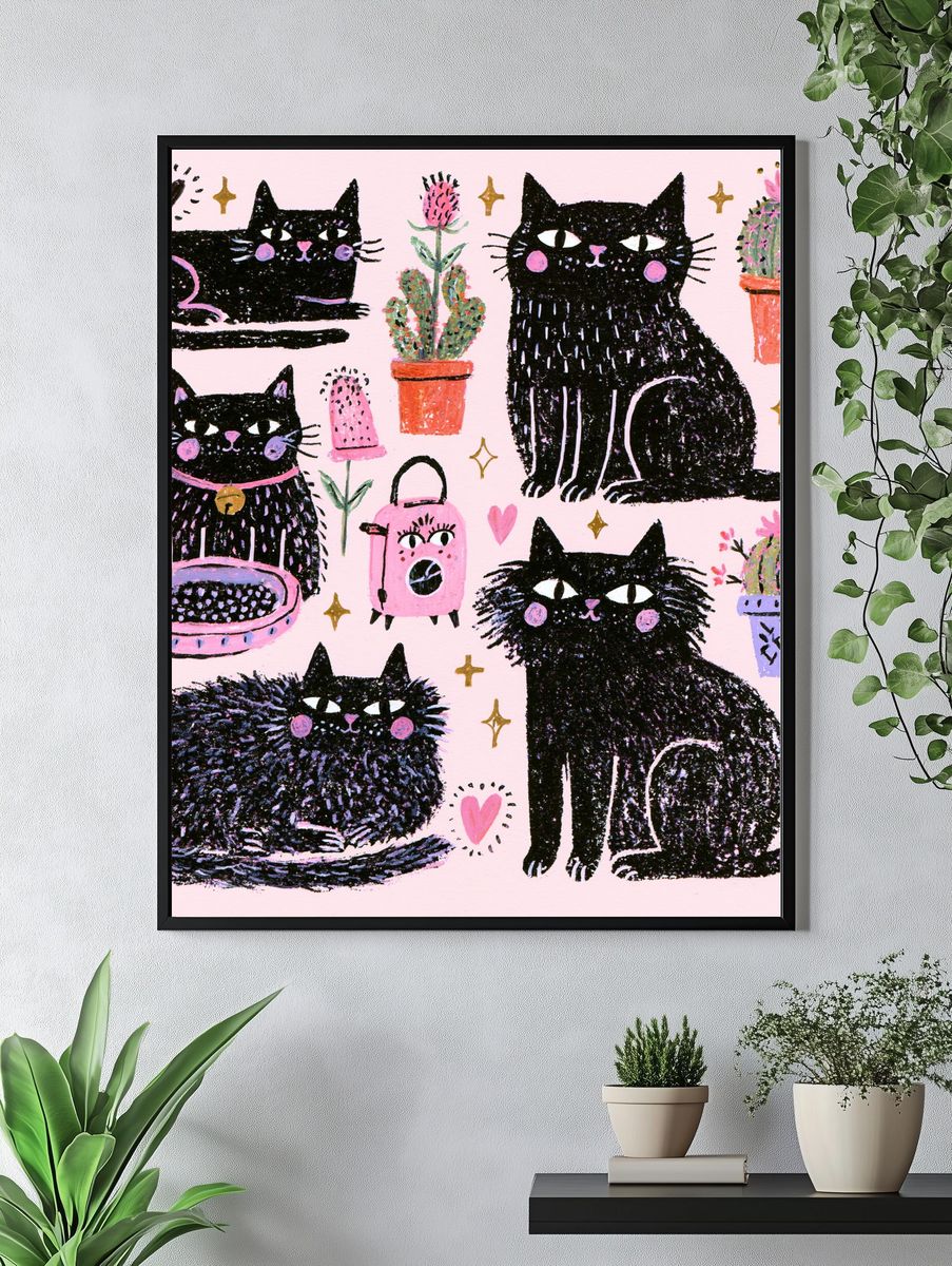 Playful Black Cats Illustration Poster. — room view 4