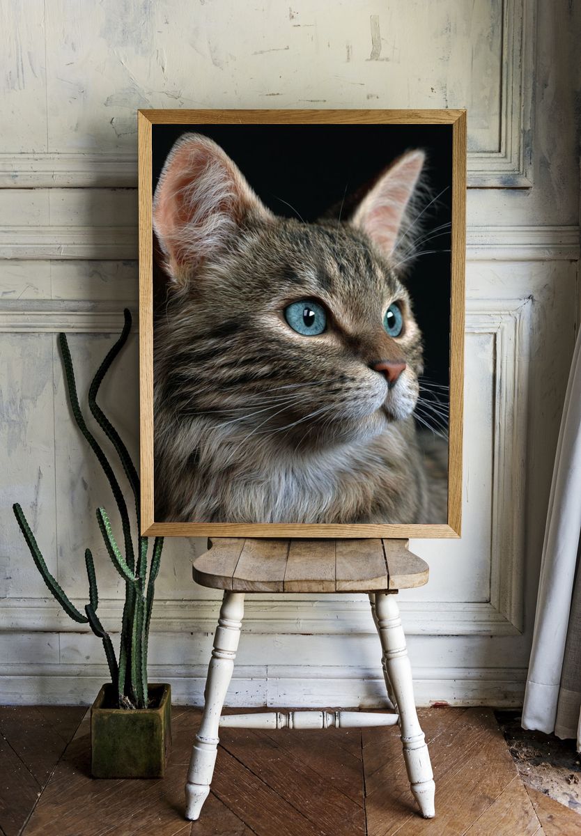 Blue-Eyed Tabby Cat Photography Poster. — room view 1