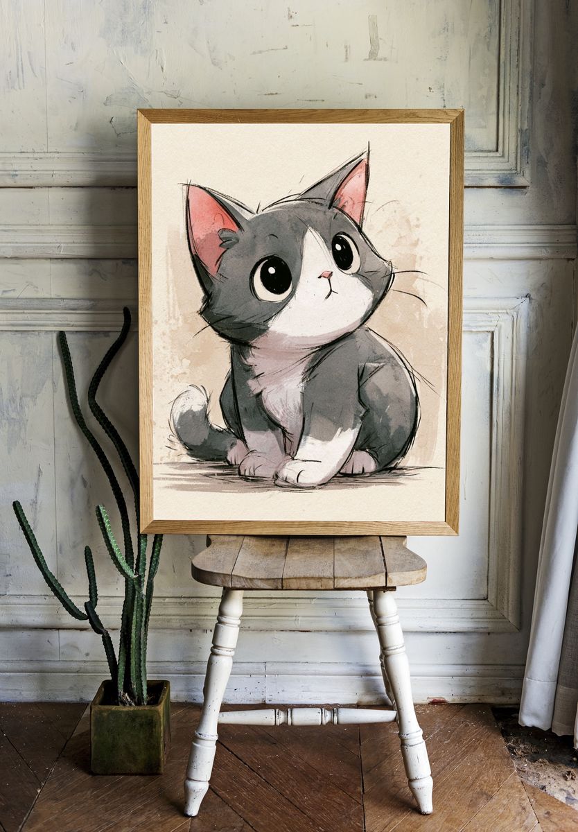 Cute Tuxedo Cat Watercolor Poster. — room view 1