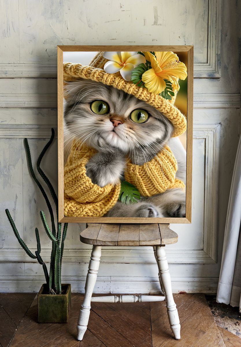 Tropical Cat Portrait Print. — room view 1