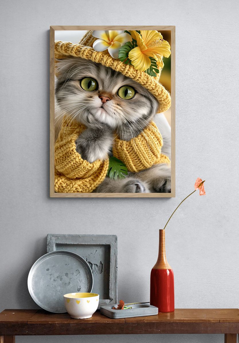 Tropical Cat Portrait Print. — room view 3