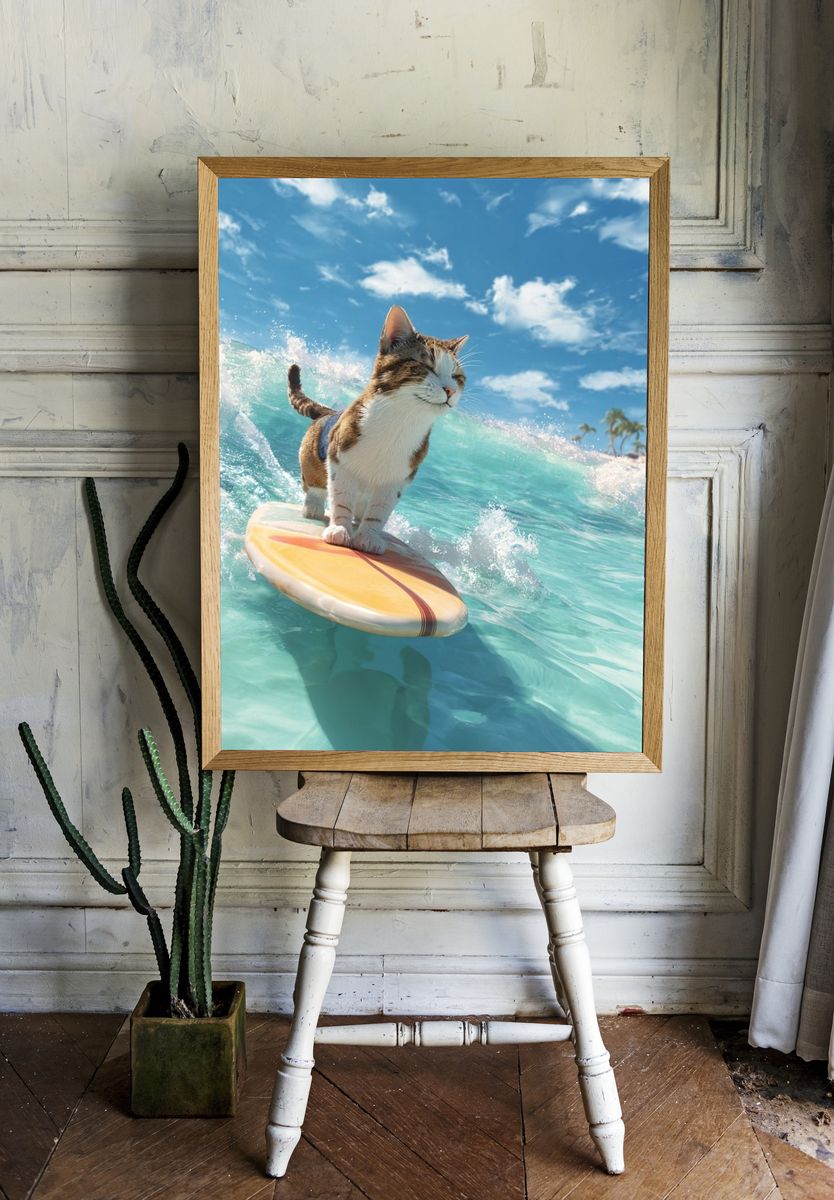 Surfing Cat — Fun Illustration Print. — room view 1