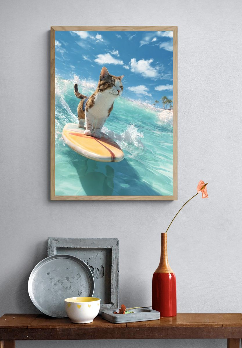 Surfing Cat — Fun Illustration Print. — room view 3