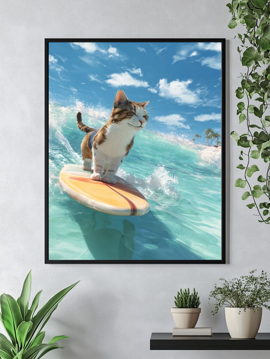 Surfing Cat — Fun Illustration Print. — room view 4