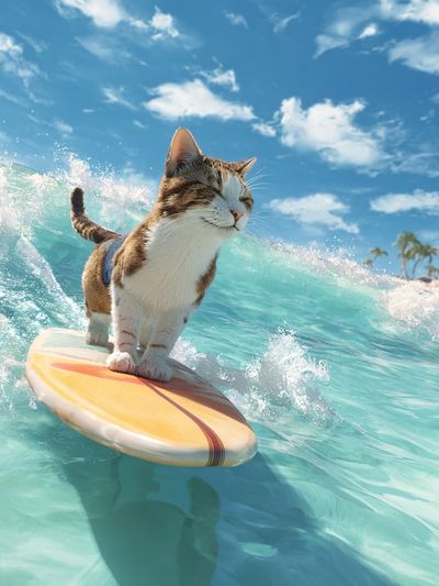 Surfing Cat — Fun Illustration Print. poster