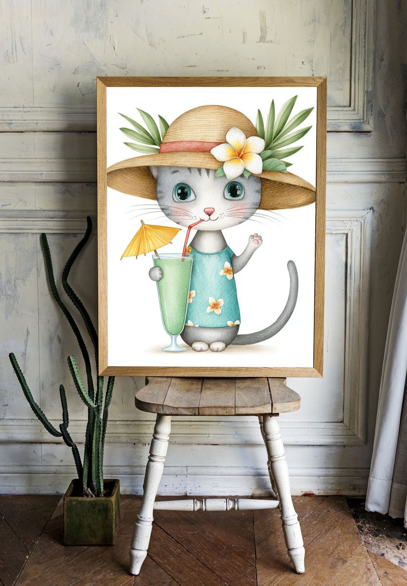 Tropical Cat Watercolor Poster room preview