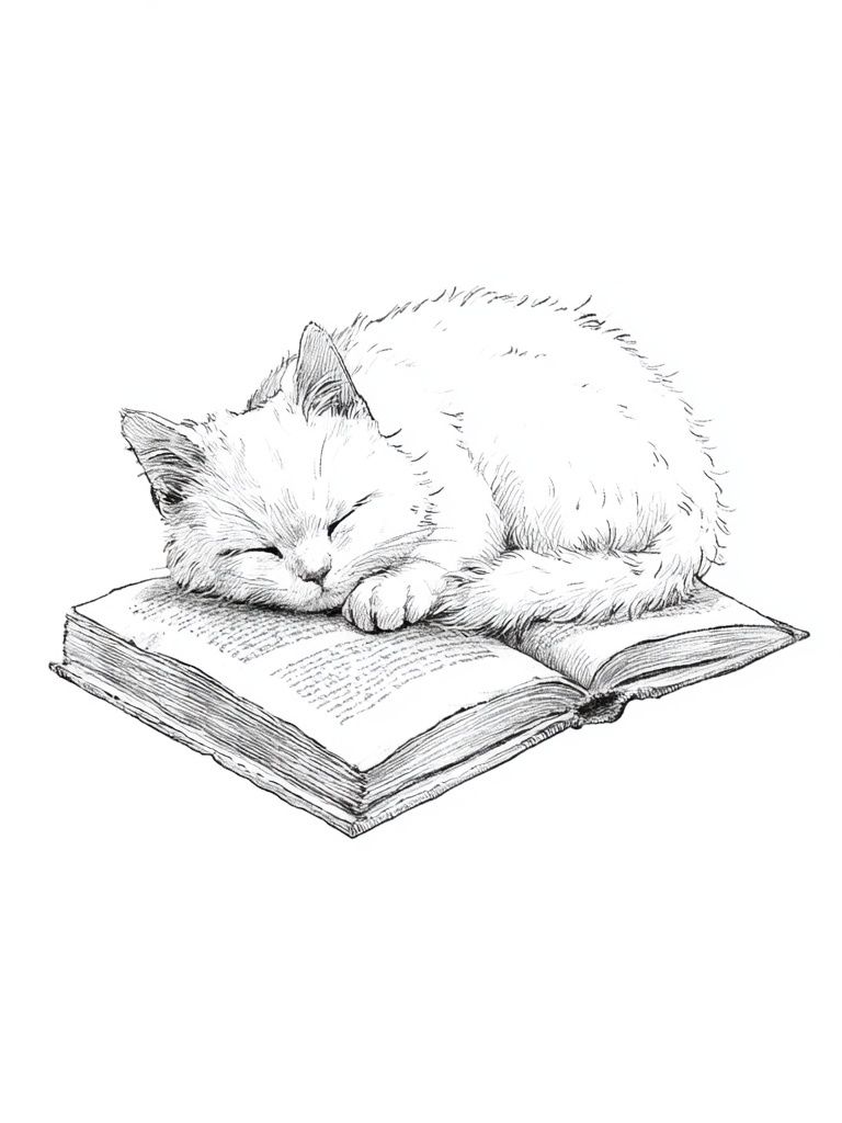 Sleeping Cat on Book Illustration Poster. poster detail