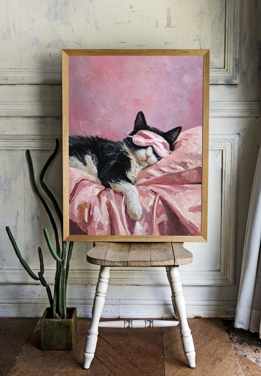 Sleeping Cat with Eye Mask — Illustration Print. — room view 1