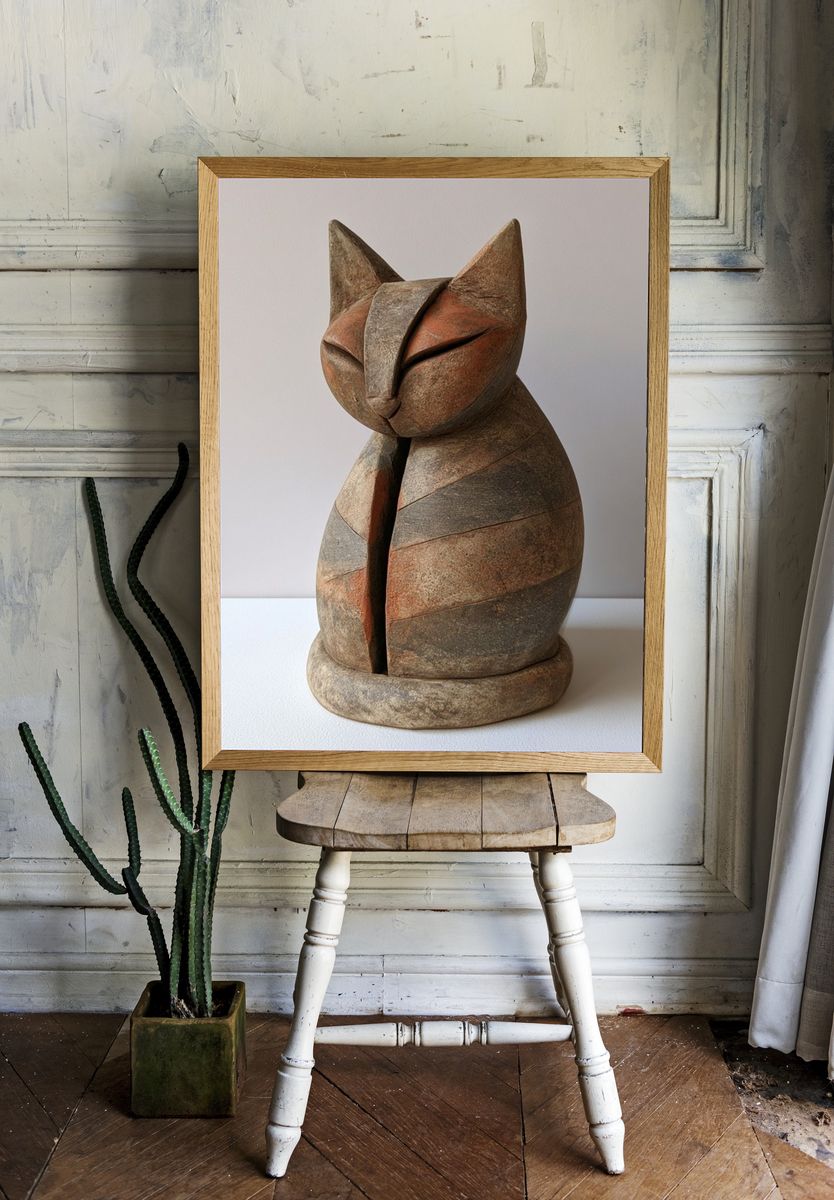 Wooden Cat Sculpture Print. room preview