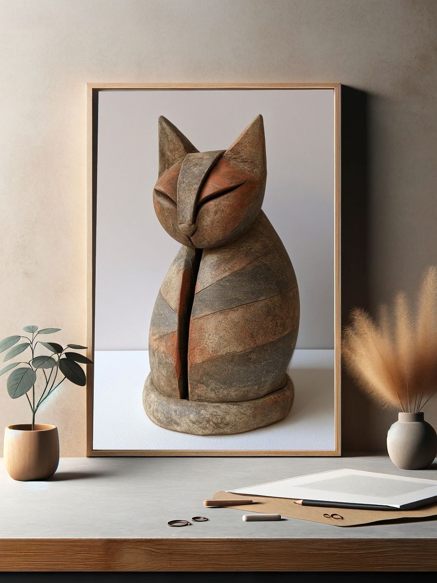 Wooden Cat Sculpture Print. — room view 2
