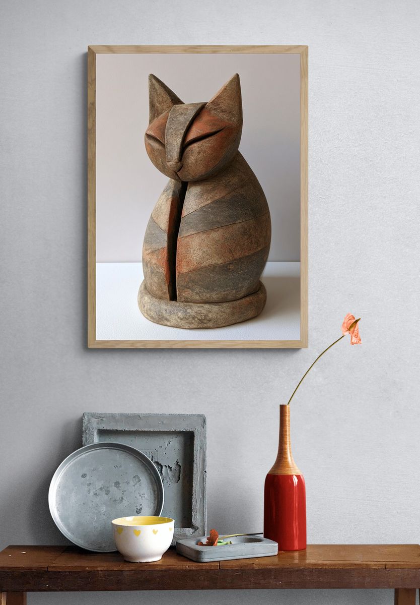 Wooden Cat Sculpture Print. — room view 3