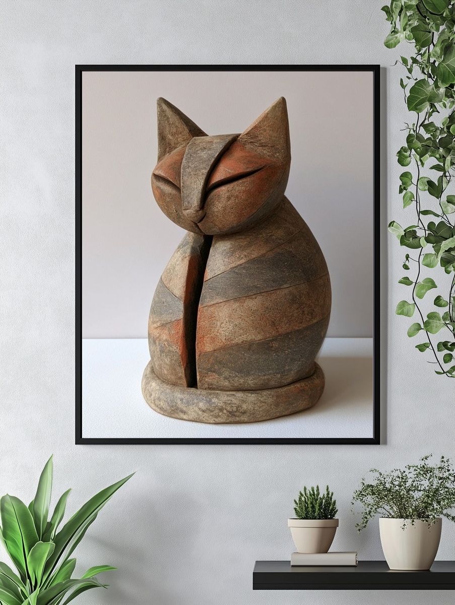 Wooden Cat Sculpture Print. — room view 4