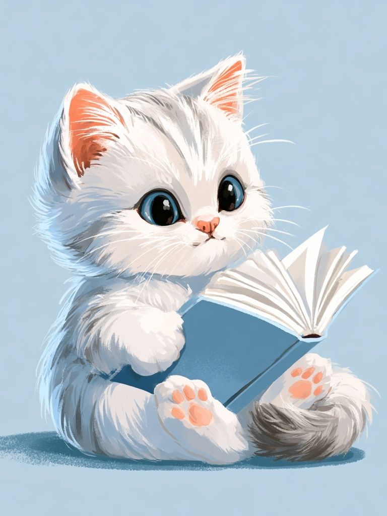Kitten Reading Book Illustration Poster. poster detail