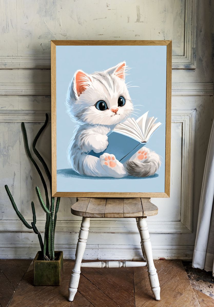Kitten Reading Book Illustration Poster. — room view 1