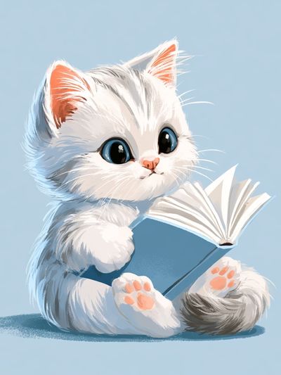 Kitten Reading Book Illustration Poster. poster