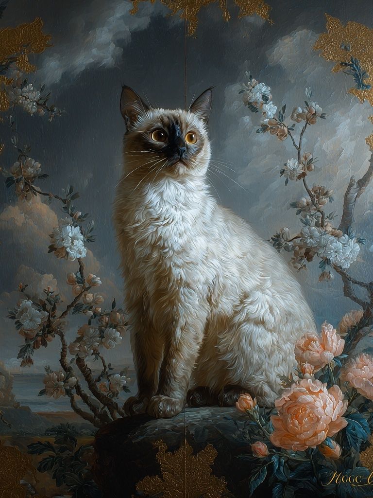 Siamese Cat Floral Baroque Poster. poster detail
