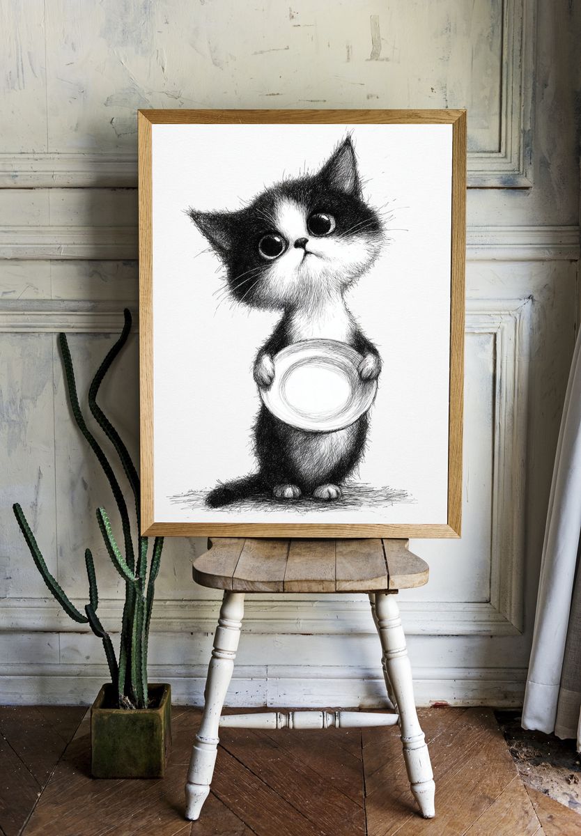 Cute Cat Holding Plate — Illustration Print room preview