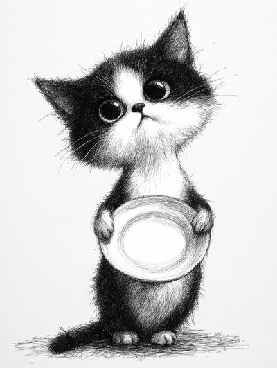 Cute Cat Holding Plate — Illustration Print. poster print