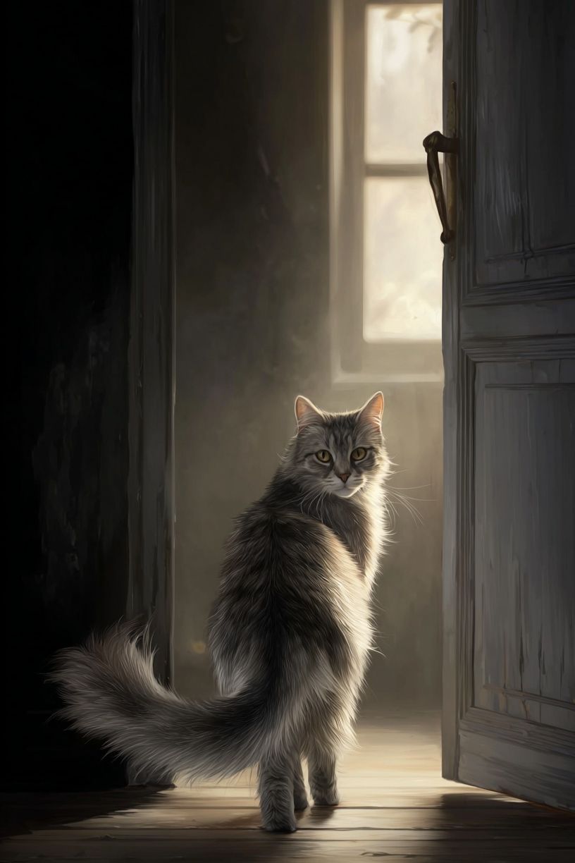 Mysterious Cat in Doorway — Art Print. poster — animals art