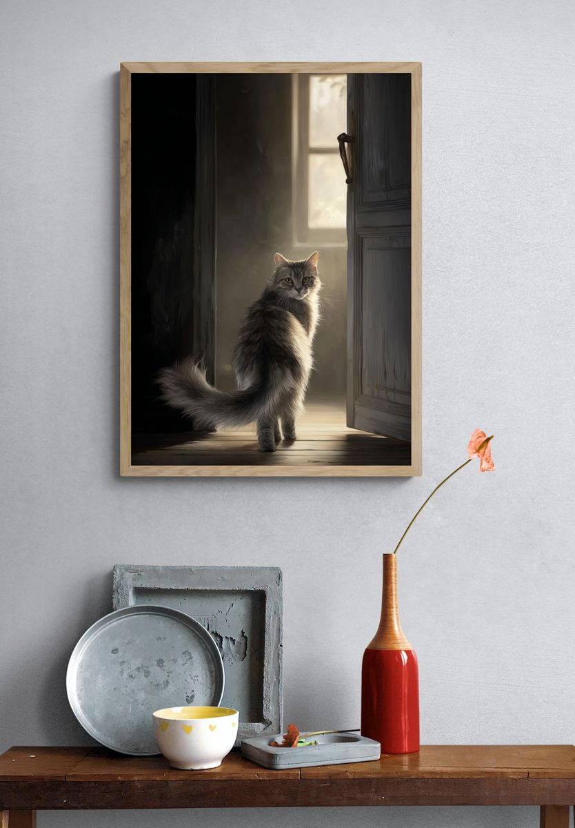 Mysterious Cat in Doorway — Art Print. — room view 3