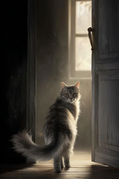 Mysterious Cat in Doorway — Art Print. poster