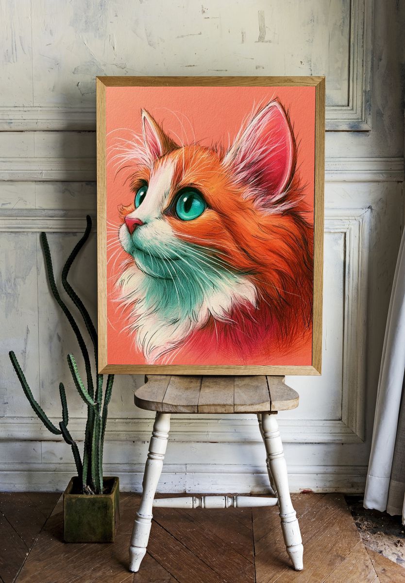 Colorful Cat Portrait Illustration Poster. — room view 1
