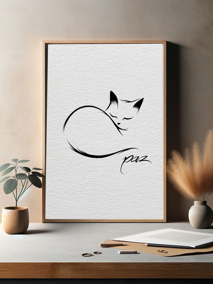 Sleeping Cat Line Art Poster. — room view 2