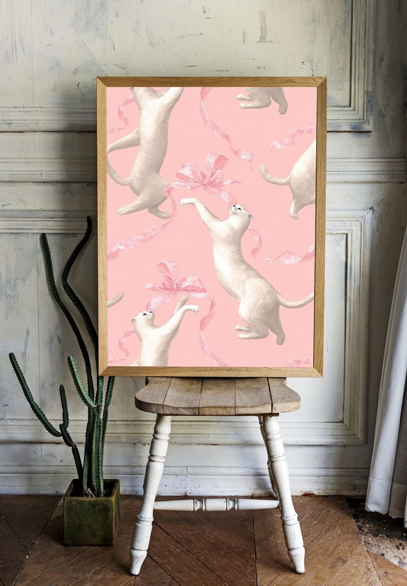 Playful Cats with Ribbon — Illustration Print. room preview