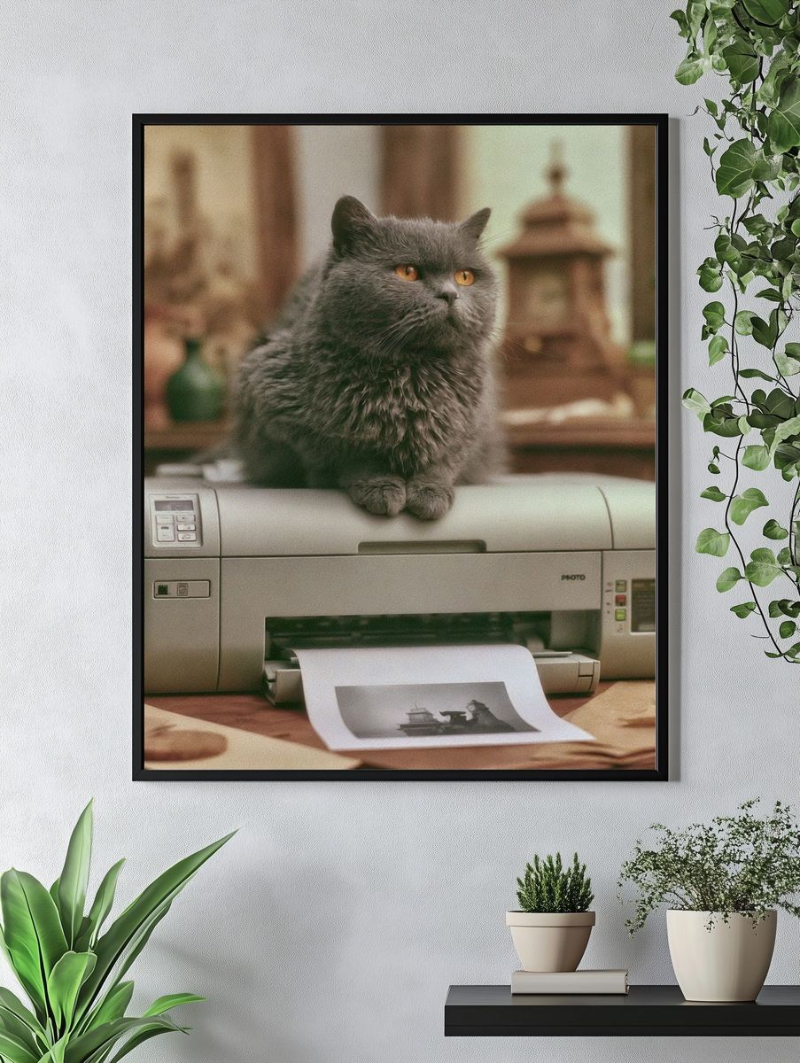 Gray Cat Printer Scene Poster. — room view 4