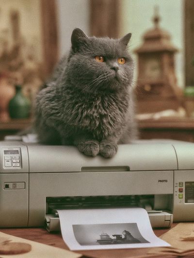 Gray Cat Printer Scene Poster. poster