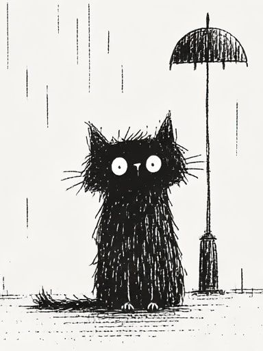 Black Cat in the Rain Illustration Poster. poster — illustration art