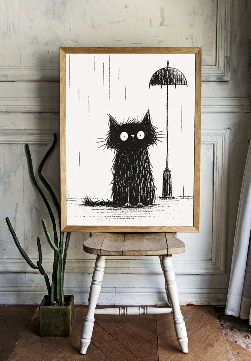 Black Cat in the Rain Illustration Poster. room preview