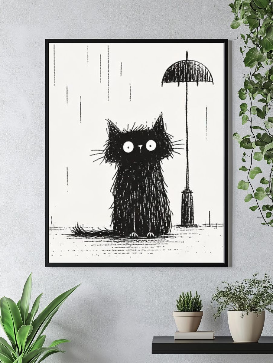 Black Cat in the Rain Illustration Poster. — room view 4