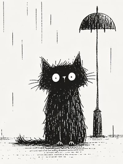 Black Cat in the Rain Illustration Poster. poster print