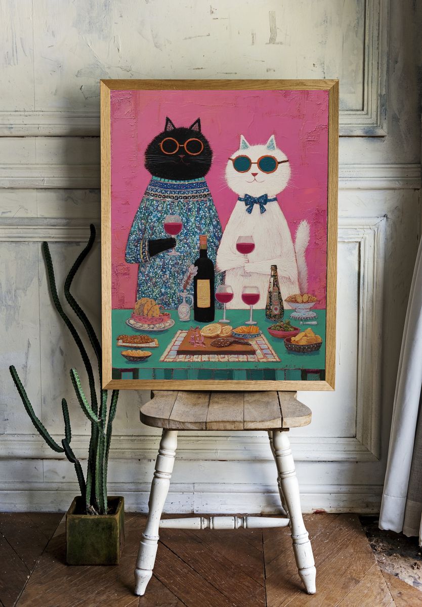 Cat Dinner Party Illustration Poster room preview