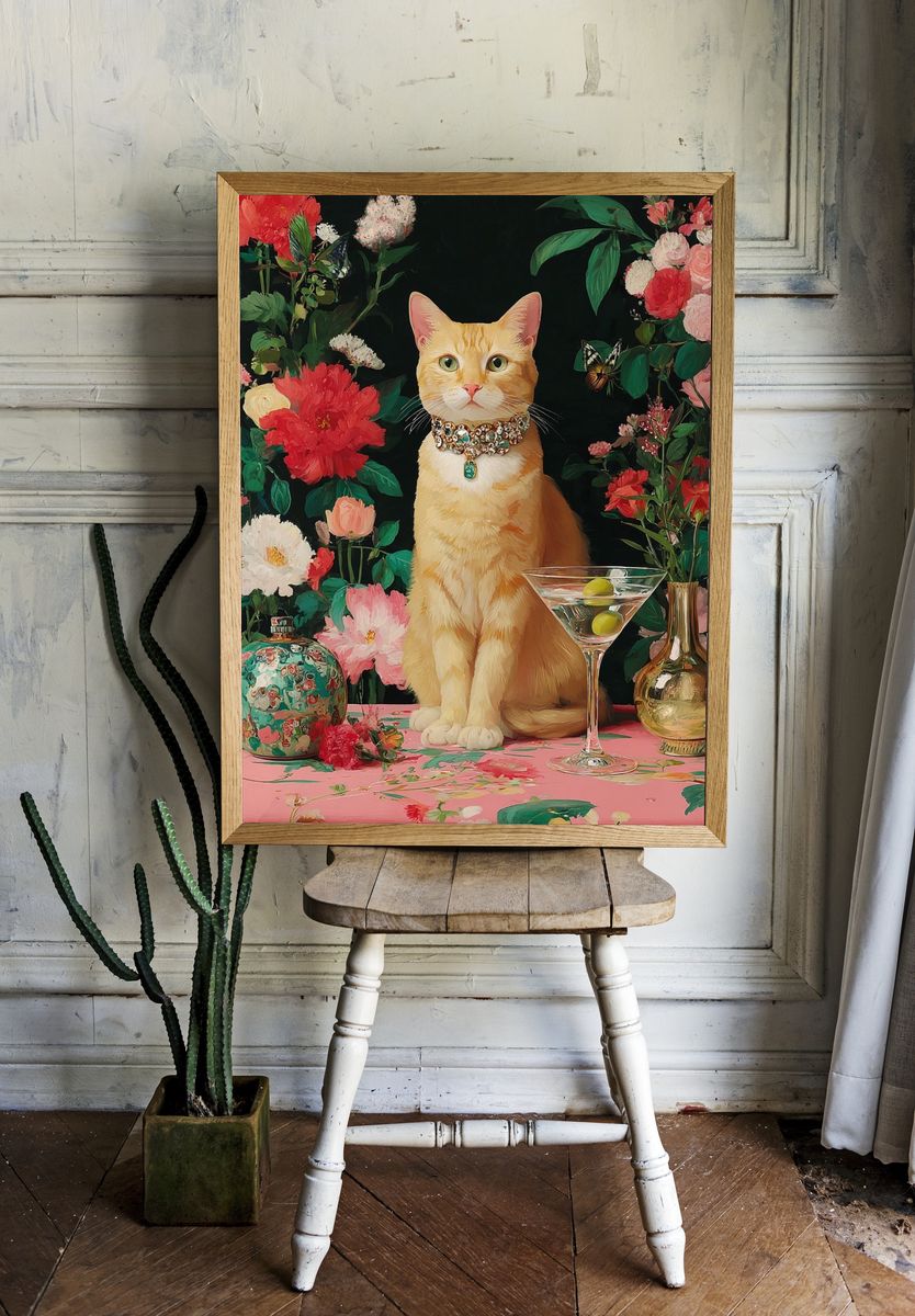 Elegant Cat with Flowers — Art Print. — room view 1