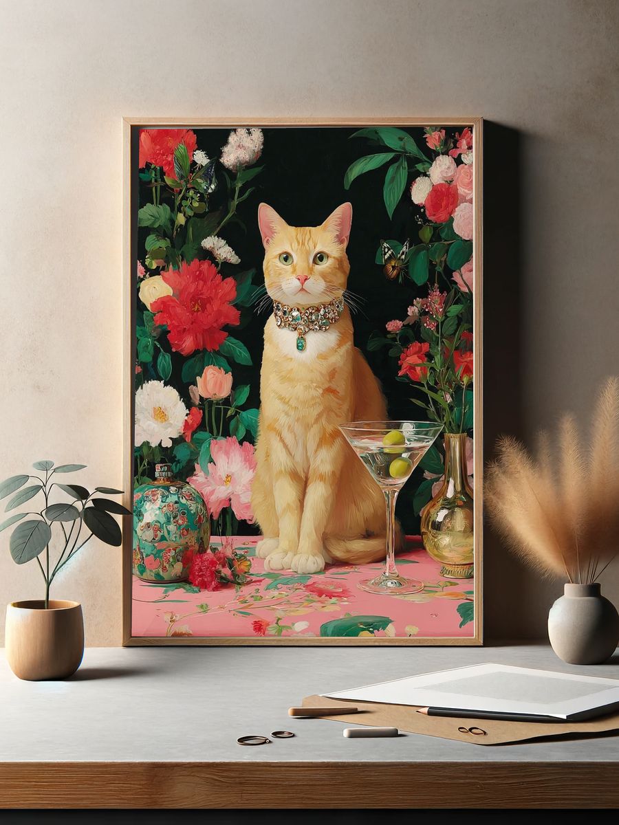 Elegant Cat with Flowers — Art Print. — room view 2