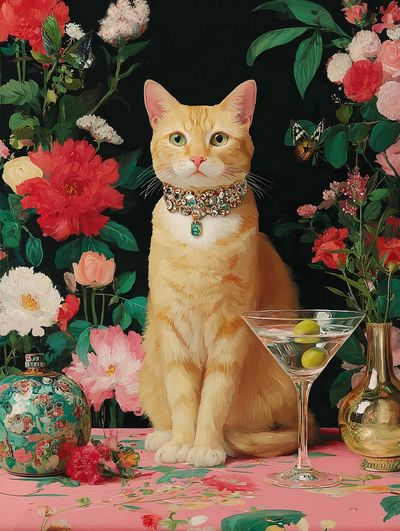 Elegant Cat with Flowers — Art Print. poster print
