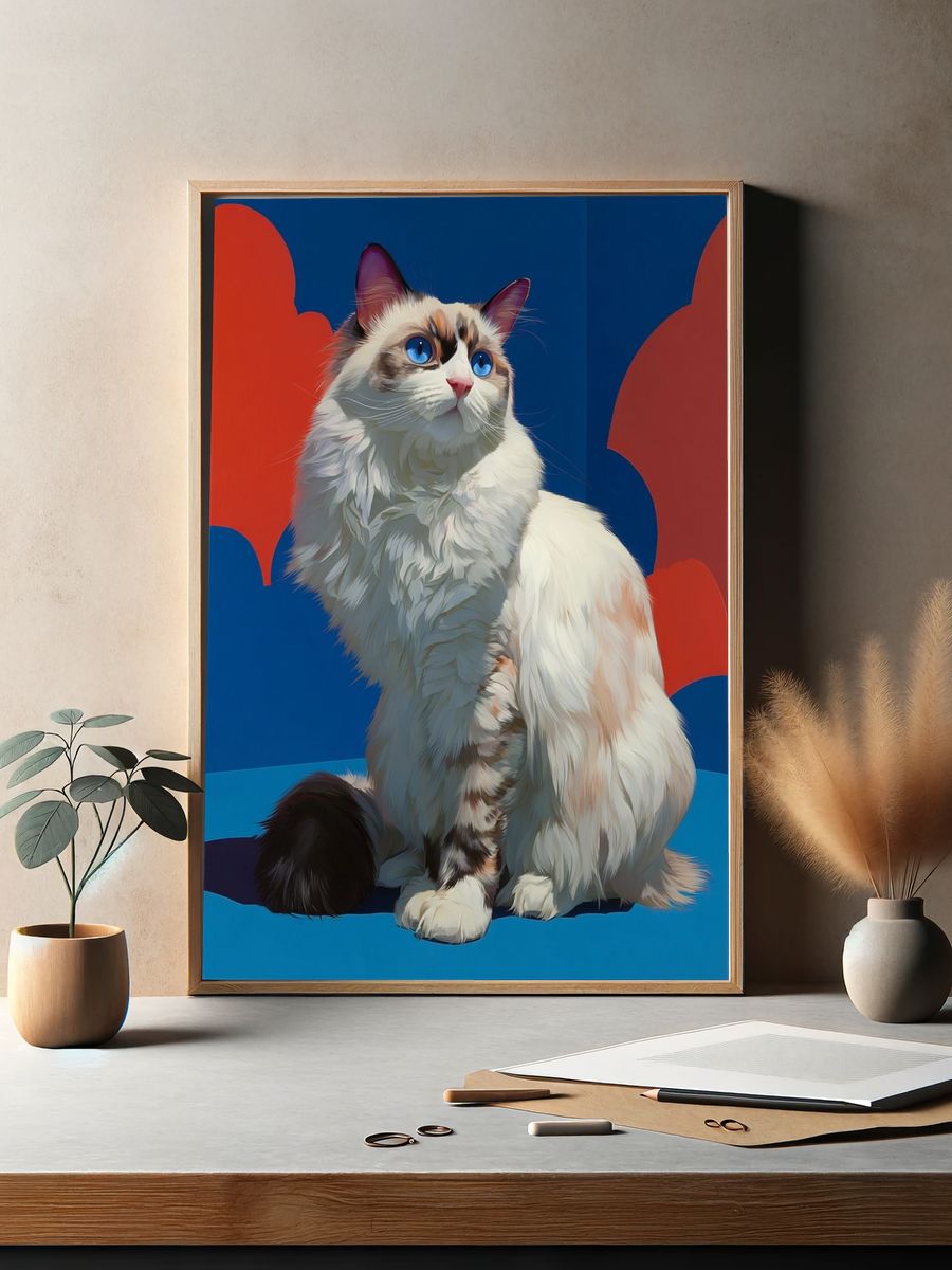 Fluffy Cat Portrait — Digital Art Print. — room view 2