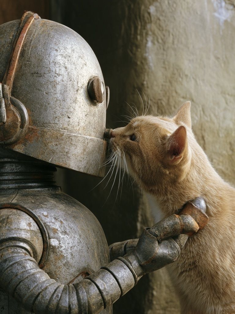 Cat and Robot Encounter Poster. poster — animals art