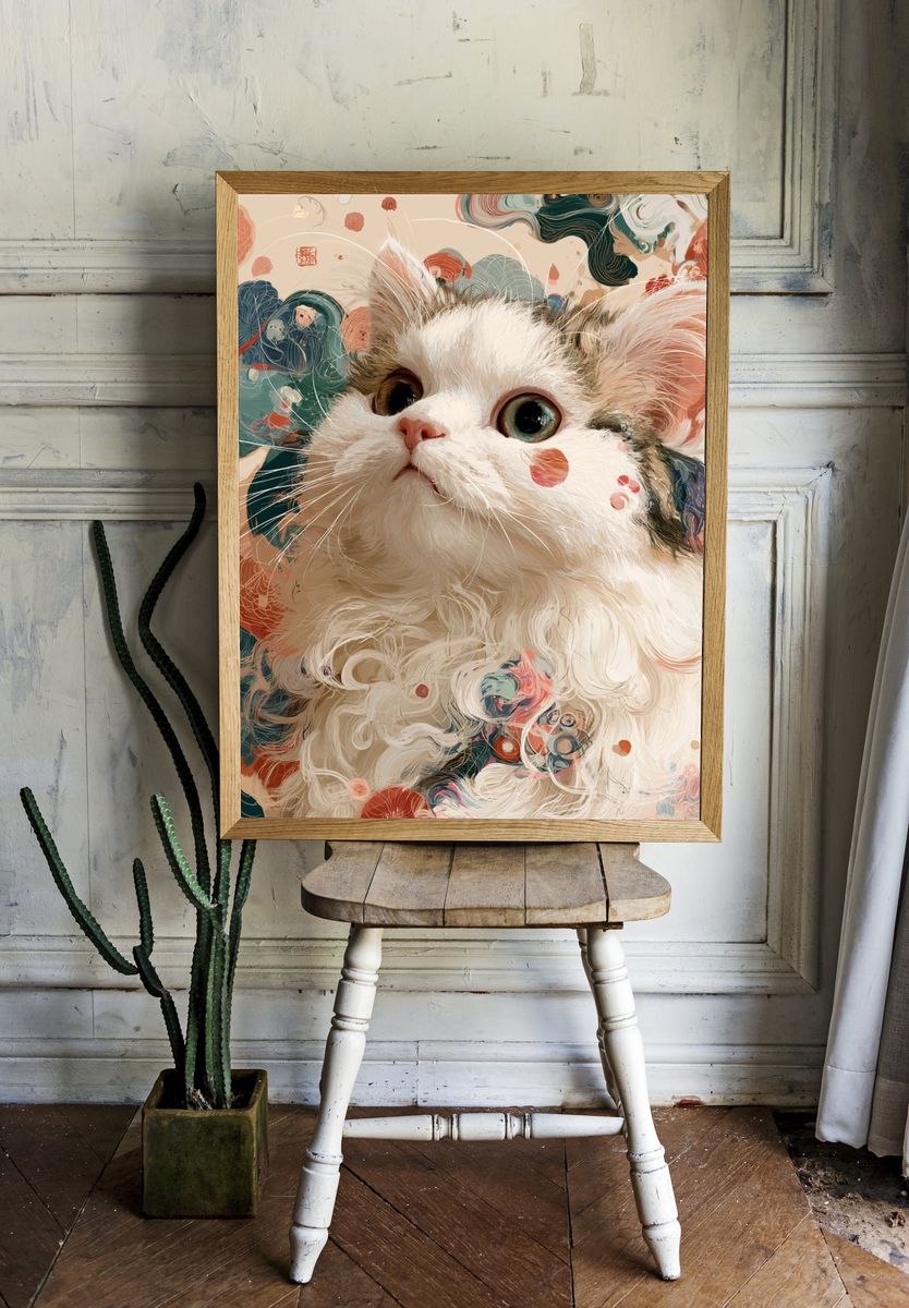 Whimsical Cat Portrait Illustration Poster. — room view 1