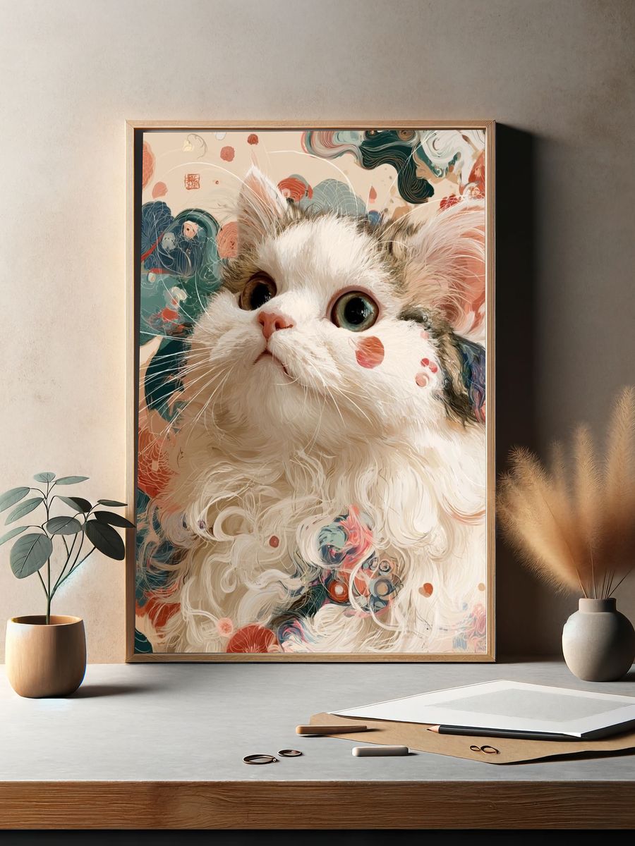 Whimsical Cat Portrait Illustration Poster. — room view 2