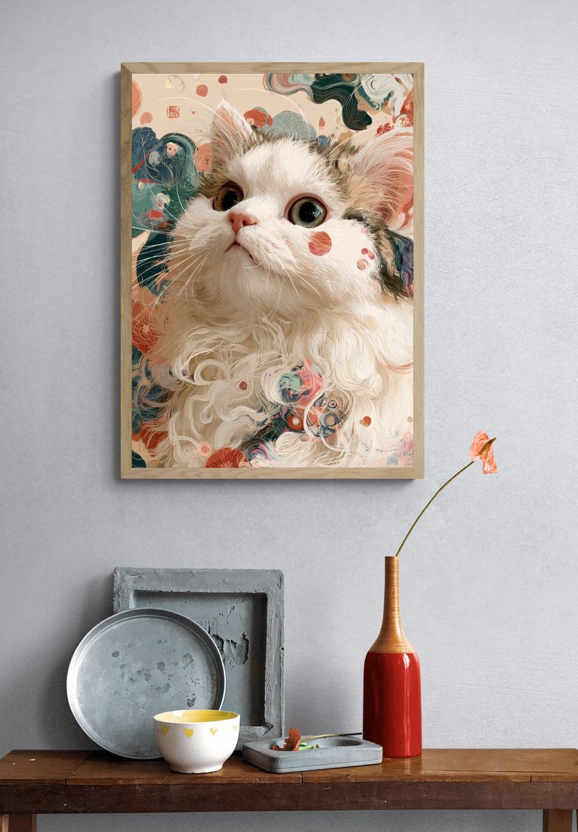 Whimsical Cat Portrait Illustration Poster. — room view 3