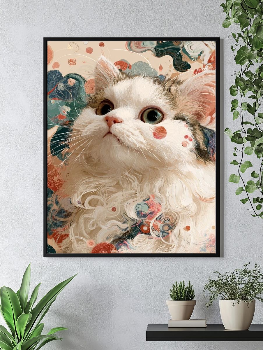 Whimsical Cat Portrait Illustration Poster. — room view 4