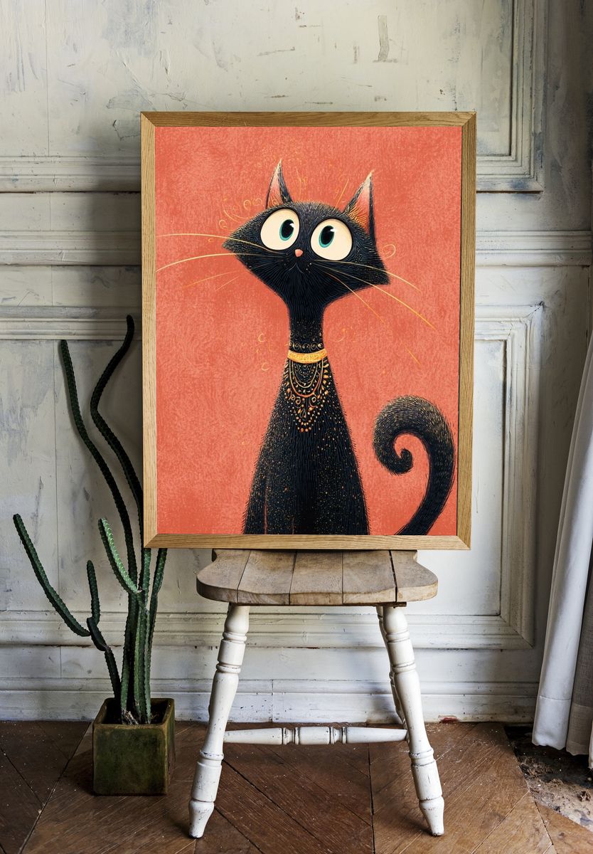 Whimsical Black Cat Illustration Poster. room preview