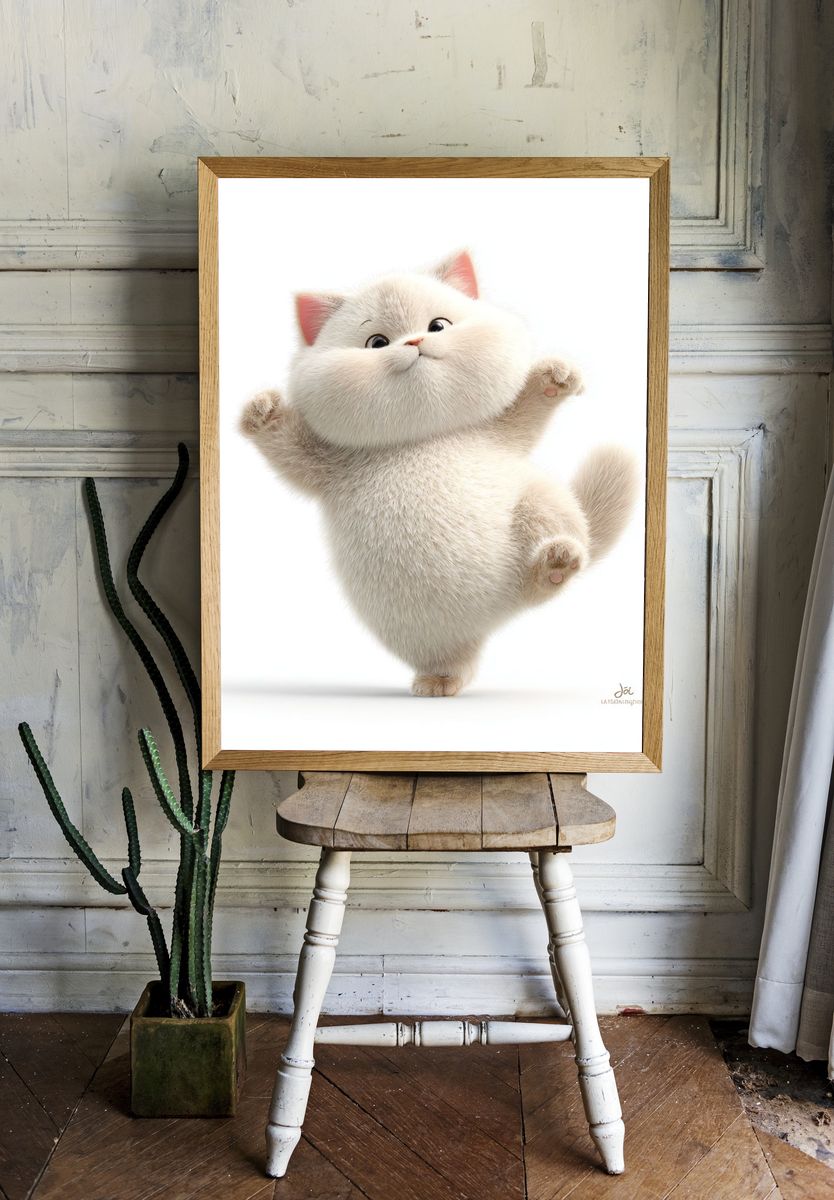 Playful Fluffy Cat Illustration Poster room preview