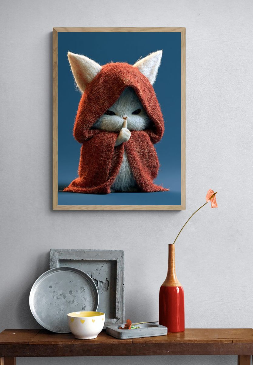 Shushing Cat Illustration Poster. — room view 3