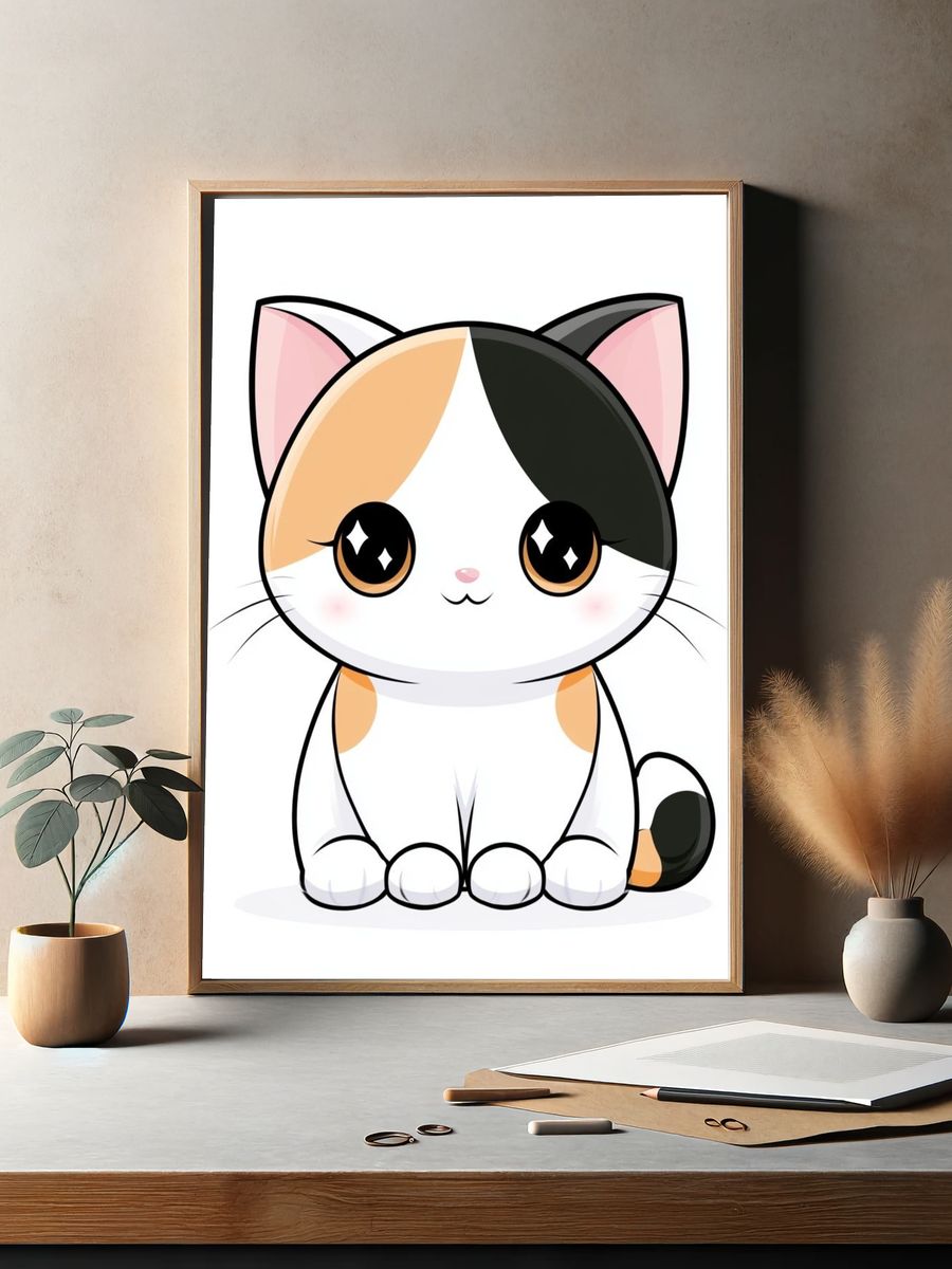 Cute Calico Cat Illustration Poster. — room view 2