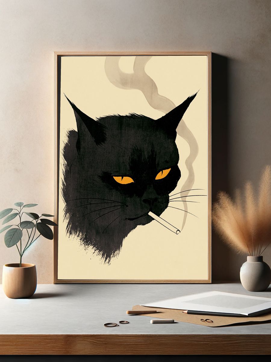 Black Cat Smoking Illustration Poster. — room view 2