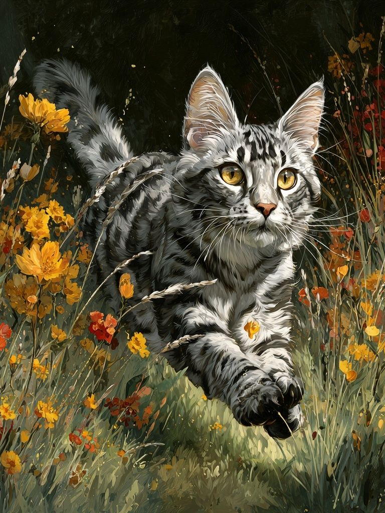 Playful Cat in Wildflowers — Illustration Print. poster — animals art